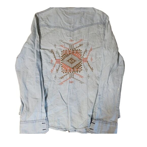 Allen B. Chambray and Crochet Button Up Denim Top embroidery southwest Small - Picture 5 of 9